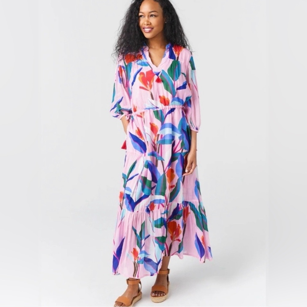Oliphant Pink Floral Botanical Tiered Maxi Dress M